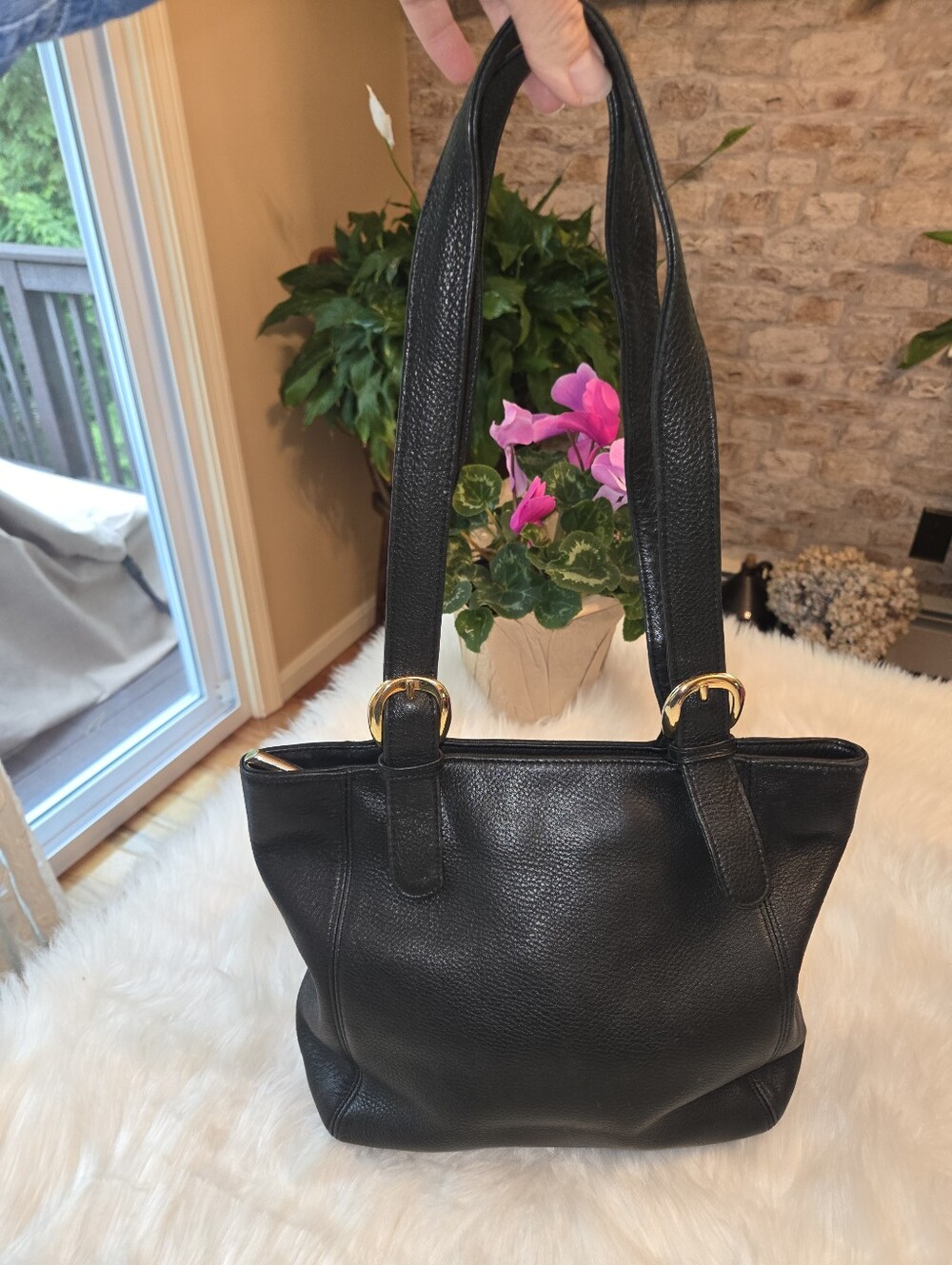 Mila Paoli Black Leather Shoulder Bag with Gold Plaque